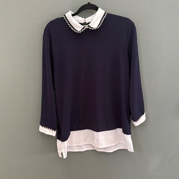 KARL LAGERFELD Blue White Jeweled Long Sleeve Back Button-Up Women Shirt Sz M - Picture 1 of 11